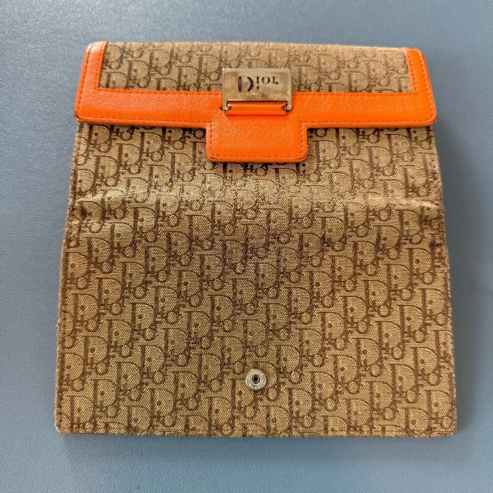 Christian Dior Diorissimor Brown & Tan Trotter Wallet with Orange Leather Trim